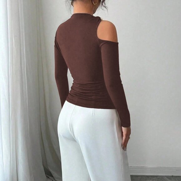 Chic Minimalist One Shoulder Long Sleeve /Brown - Picture 4 of 4